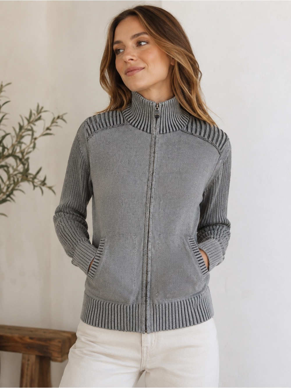 BKE Women’s Gray Full Zip Cotton Sweater Jacket Ribbed Moto Style L